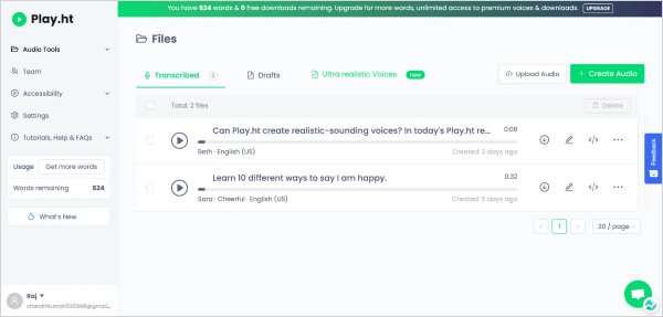 play ht dashboard overview