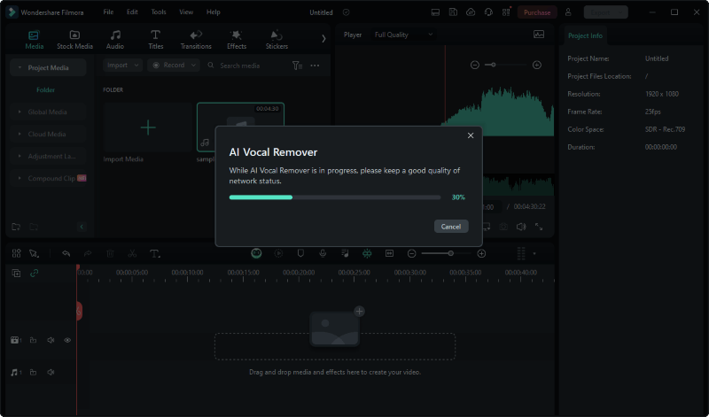 wondershare filmora ai vocal remover analysing